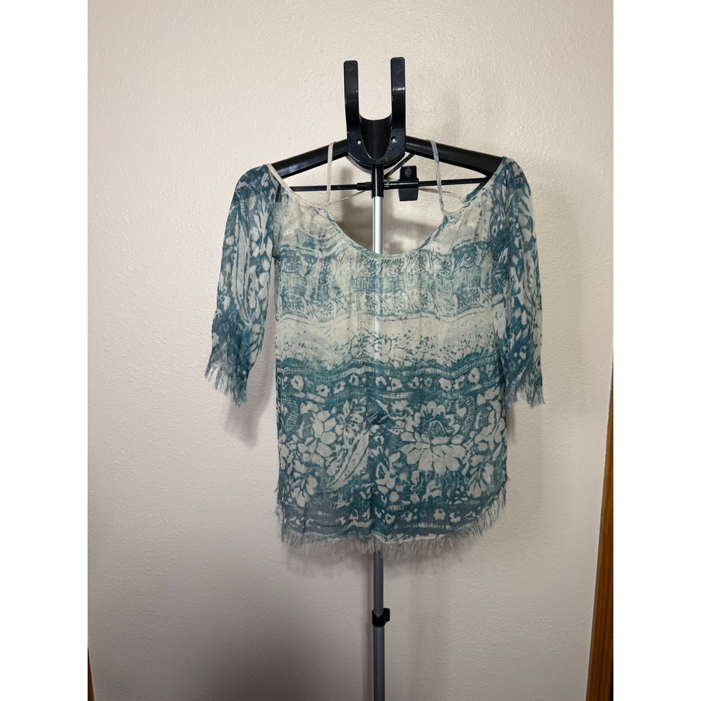 Chaser Floral Print Sheer Blouse Teal Cream Frayed Hem Boho Top Medium NWT